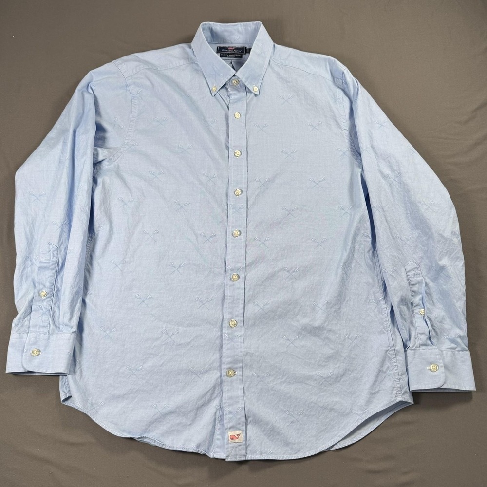 Vineyard Vines Shirt Mens Large Blue Slim Fit Murray Button Down Whale Lacrosse